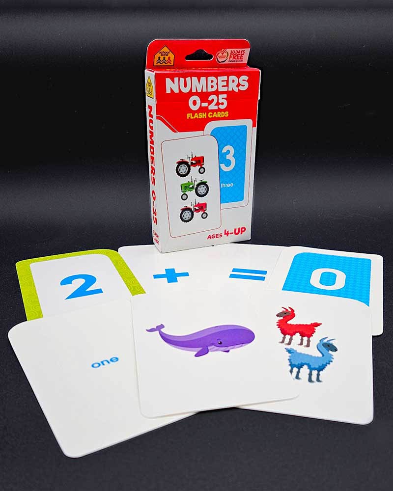 Numbers 0-25 flash cards set with cards saying "2", "+", etc. in front.